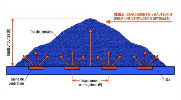Espacement gaines ventilation céréales vrac