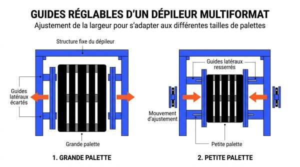 Guides réglables d'un dépileur multiformat