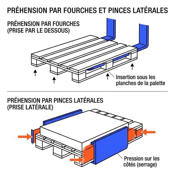 Préhension par fourches et pinces latérales