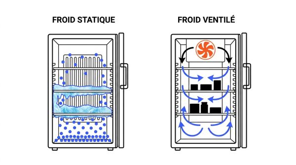 Schéma du froid statique vs ventilé pour réfrigérateur