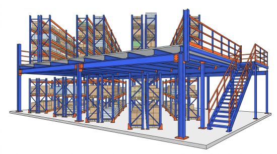 Coupe d'une mezzanine sur rack industrielle.