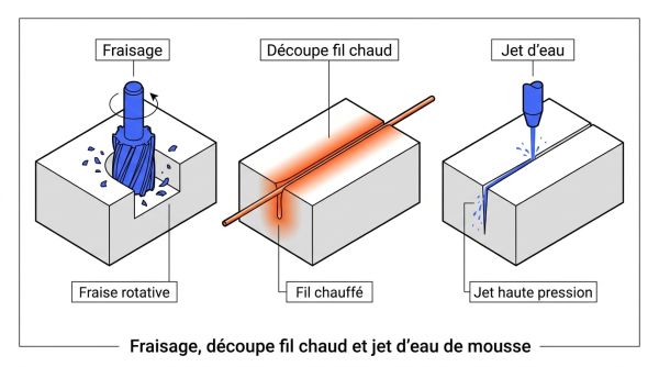 Fraisage, découpe fil chaud et jet d'eau de mousse