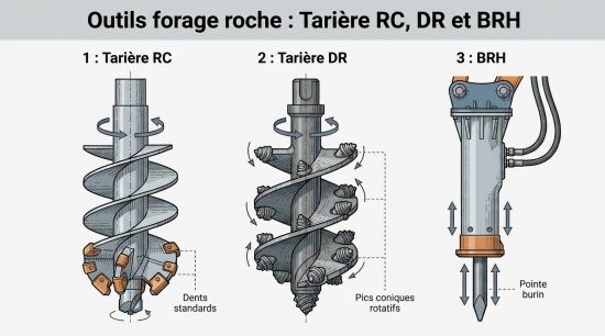 Outils forage roche : Tarière RC, DR et BRH