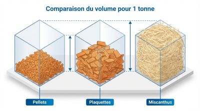 Comparaison du volume : pellets, bois déchiqueté e