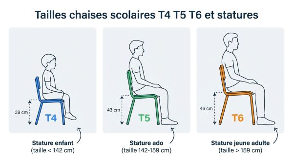 Tailles chaises scolaires T4 T5 T6 et statures