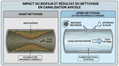 Coupe nettoyage biofilm canalisation avicole
