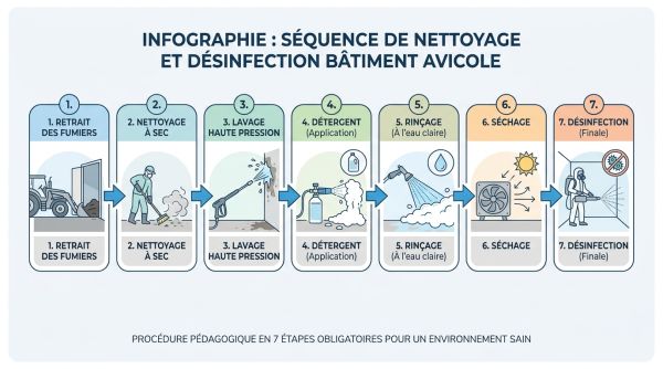 Infographie étapes nettoyage bâtiment avicole