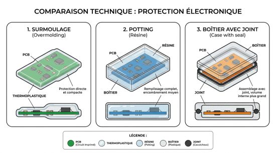 Comparaison surmoulage, potting et boîtier PCB