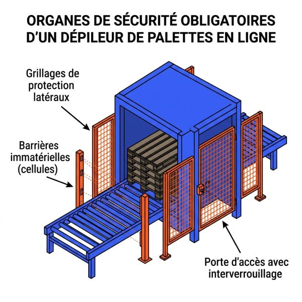 Sécurités d'un dépileur de palettes en ligne