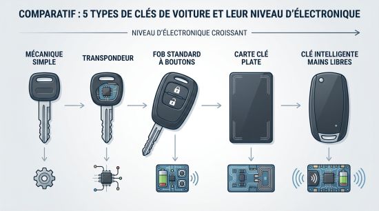 Comparatif des 5 types de clés de voiture.