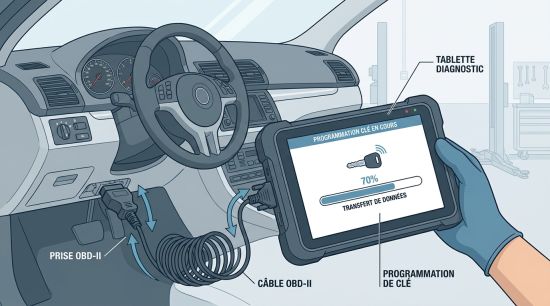 Programmation de clé de voiture via prise OBD.