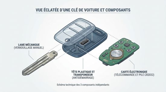 Vue éclatée d'une clé de voiture et composants.