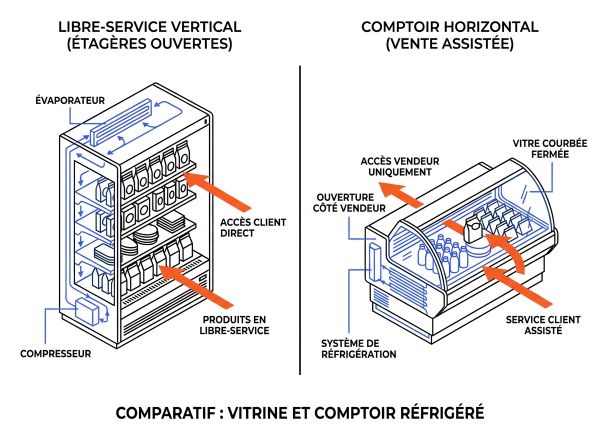 Comparatif vitrine et comptoir réfrigéré