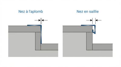 Schéma comparatif en coupe : nez de marche à l'aplomb (aligné) versus nez de marche en saillie (débordant).