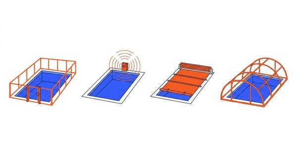 4 dispositifs sécurité piscine : barrière, alarme, couverture, abri