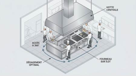 Fourneau central sur îlot et hotte suspendue