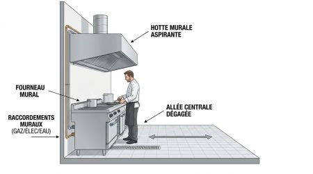 Schéma fourneau mural et hotte en cuisine pro