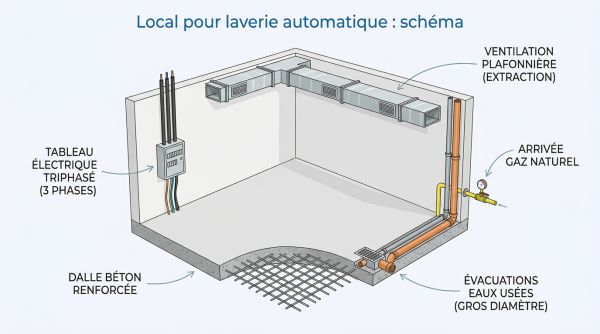 Local pour laverie automatique : schéma