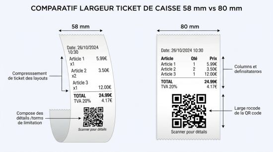 Comparaison largeur ticket caisse 58 mm 80 mm