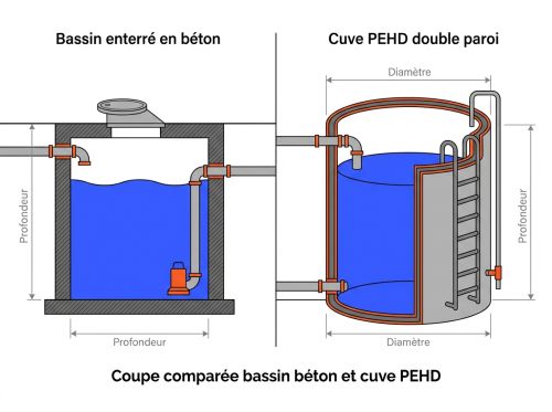 Coupe comparée bassin béton et cuve PEHD