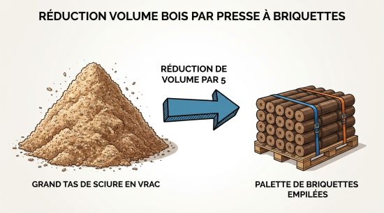 Réduction volume bois par presse à briquettes