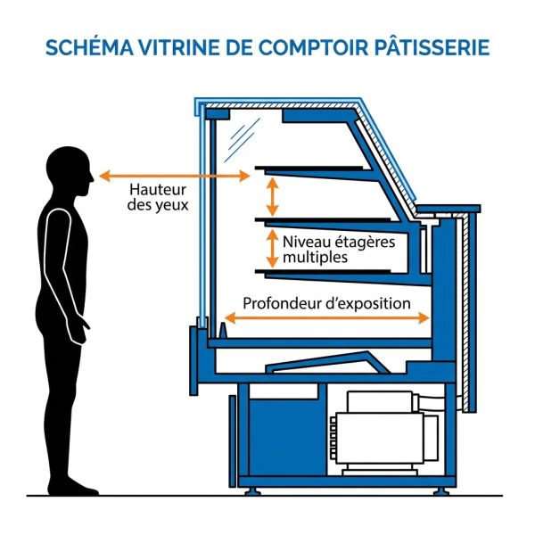 Schéma vitrine de comptoir pâtisserie