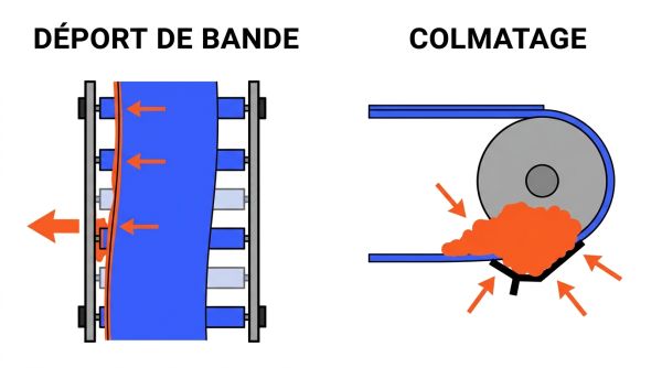 Déport de bande transporteuse et colmatage