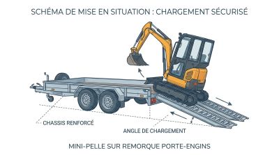 Mini-pelle sur remorque porte-engins