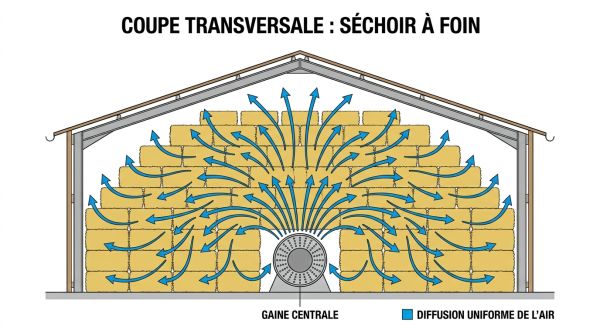 Coupe trajet air dans séchoir à foin.