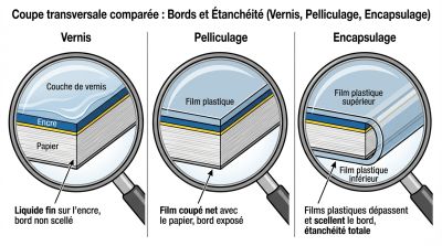 Coupe transversale d'un document vernis