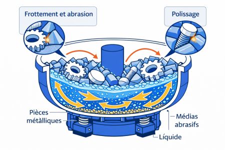 Fonctionnement de la tribofinition en cuve vibrant