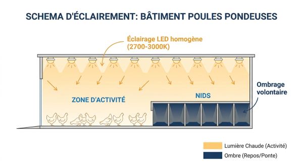Éclairage LED bâtiment poules pondeuses
