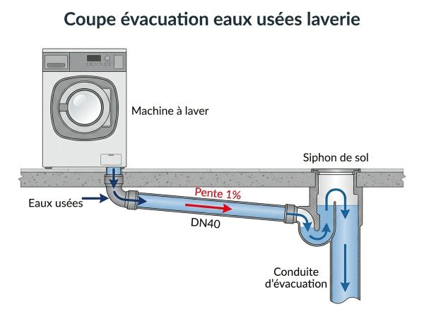 Coupe évacuation eaux usées laverie