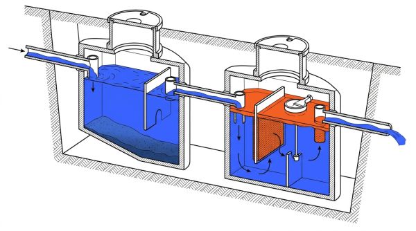 Coupe d'un système de traitement des eaux de lavage
