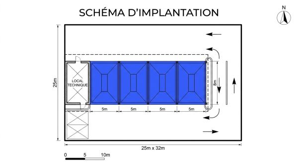 Plan de masse pour une station de lavage 4 pistes