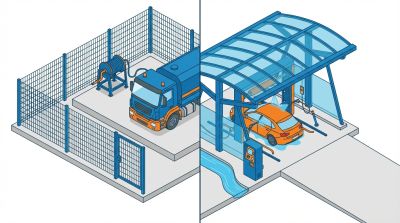 Schéma comparatif : à gauche une aire de lavage privée simple avec un camion, à droite une station de lavage publique équipée avec une voiture.