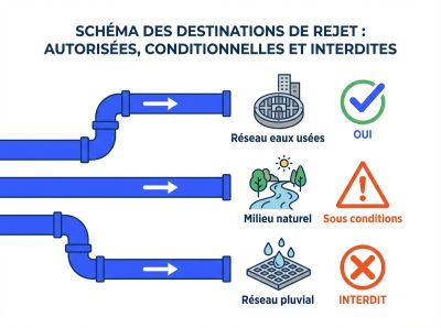 Schéma des destinations de rejet autorisées et interdites : réseau eaux usées (oui), milieu naturel (sous conditions), réseau pluvial (interdit).