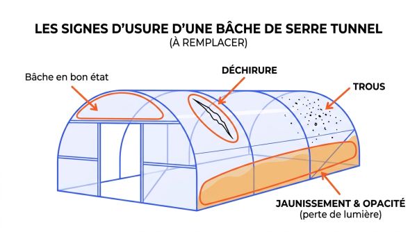 Schéma des signes d'usure d'une bâche de serre tunnel