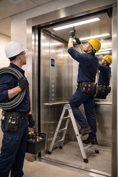 Techniciens installant un éclairage LED dans un as