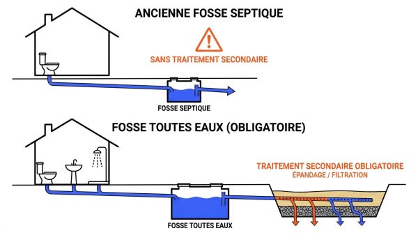 Schéma comparatif fosse septique et fosse toutes eaux