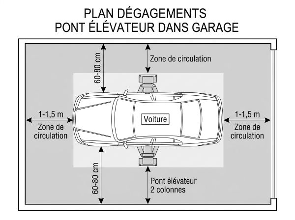 Plan dégagements pont élévateur dans garage