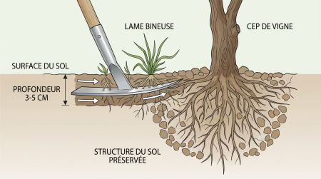 Schéma lame bineuse sous cep de vigne