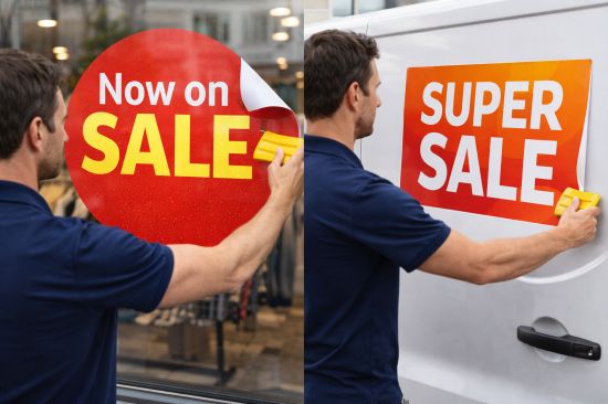 Pose d'affiches de promotion en dehors et dans un 