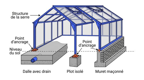 Schéma fondation serre dalle muret