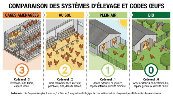 Codes œufs et 4 systèmes élevage poules pondeuses
