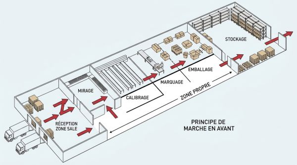 Plan centre emballage œufs et marche en avant
