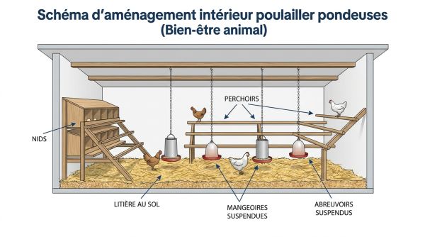 Schéma équipement intérieur poulailler pondeuses