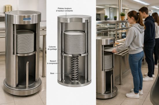 Distributeur de plateaux en action