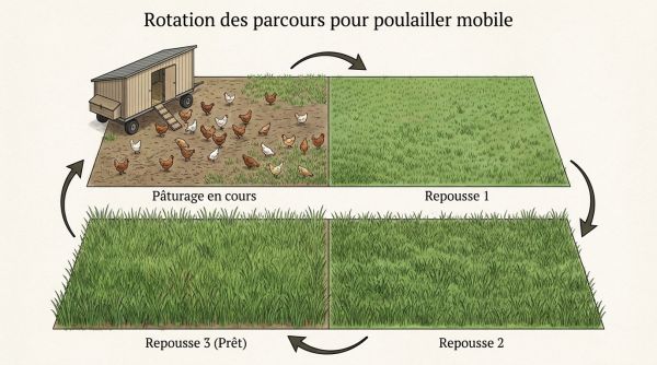 Rotation des parcours pour poulailler mobile