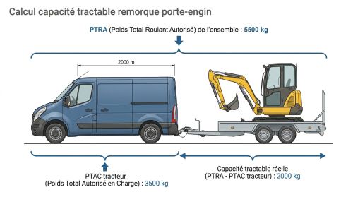 Calcul capacité tractable remorque porte-engin